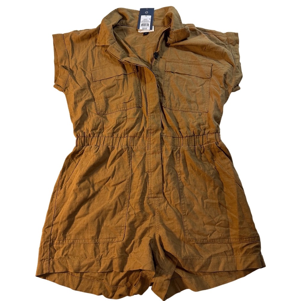 Universal Thread Womens Brown Linen Blend Utility Romper Short Sleeve Size 10